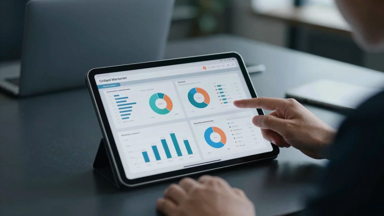 Close-up of a digital marketer reviewing campaign ad analytics on a sleek tablet screen in a dark charcoal office settin