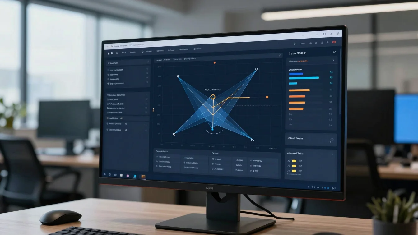 High-contrast user flow map and conversion funnel dashboard on a monitor screen in a modern workspace.