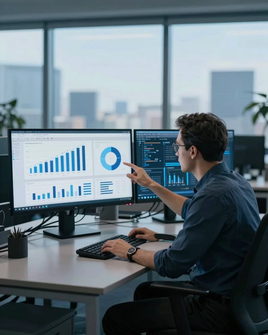 Sleek corporate editorial photograph of a digital growth strategist analyzing high-contrast revenue analytics on dual sc
